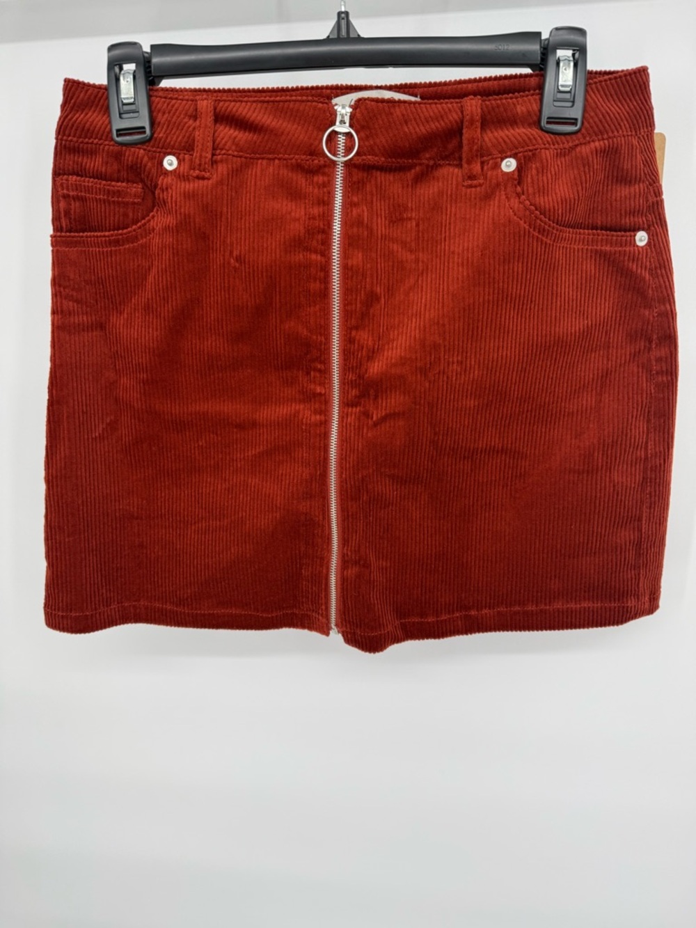 Love‎ Tree Corduroy Mini Skirt Front Zip Ring Pull Stretch Retro Fall Style Rust